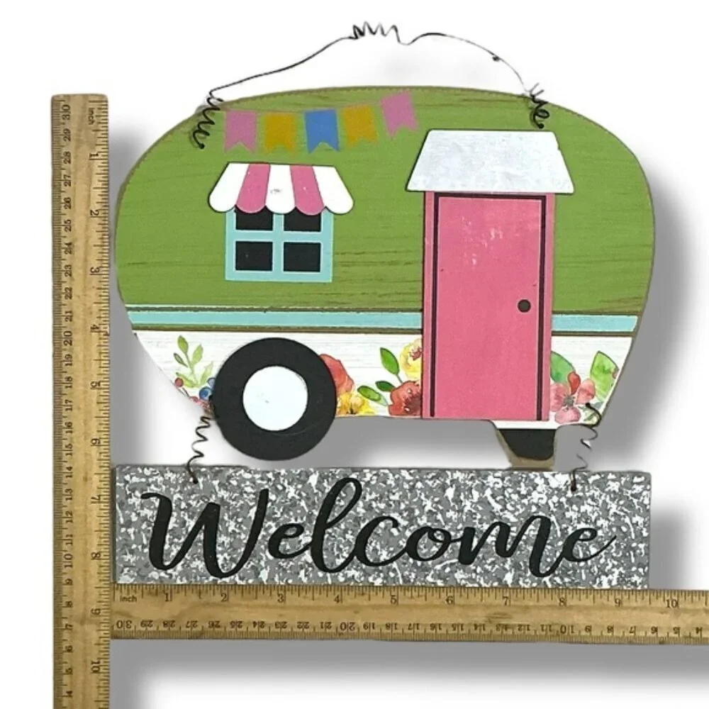 Camper Welcome Sign Colorful Wall Decor Retro Green Pink